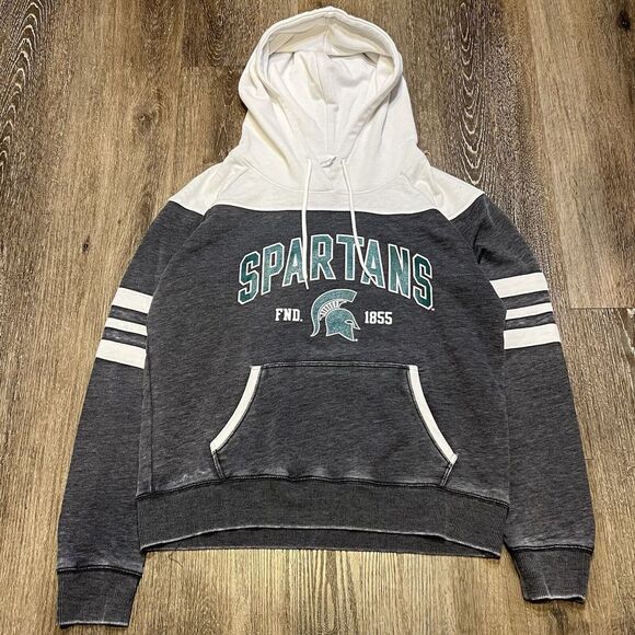 '47 Michigan State Spartans Hoodie Women XL Crop Boxy Baggy Stripe Gray‎ White - Picture 1 of 8